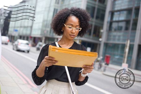 A woman double checking the IRS mailing address on a large income tax return envelope as she walks down the street to the post office.