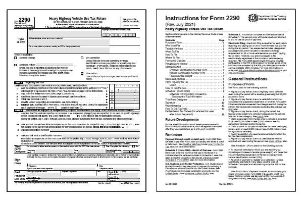 Heavy Highway Vehicle Use Tax Return. Page one of the 2024 2290 form alongside the cover page of the 2024 2290 instructions booklet.