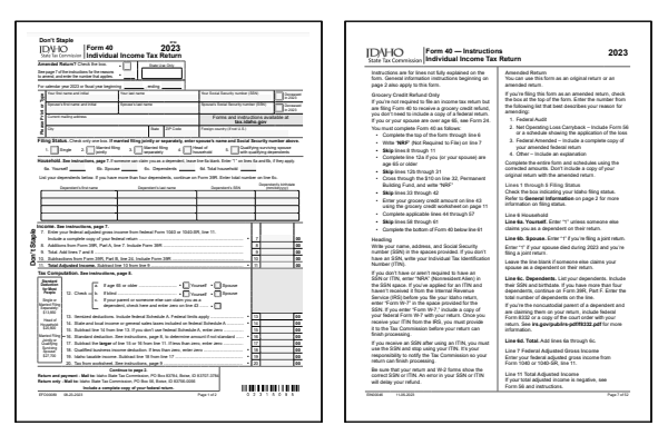 Idaho Form 40 and Idaho Form 40 Instructions for tax year 2023.