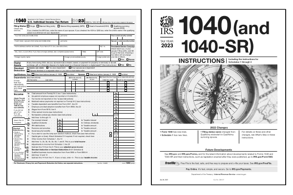 Page one of the 2024 Form 1040 alongside the cover page of the 2024 Form 1040 Instructions booklet.