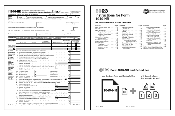 Page one of the 2024 Form 1040-NR alongside the cover page of the 2024 Form 1040-NR Instructions booklet.