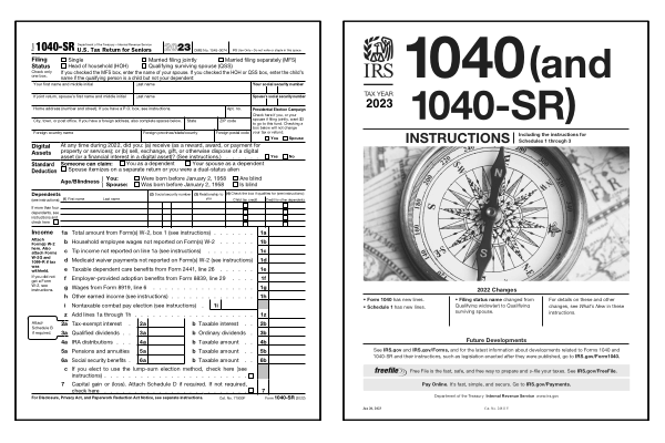 US Tax Return for Seniors. Page one of the 2024 1040-SR form alongside the cover page of the 2024 1040-SR instructions.