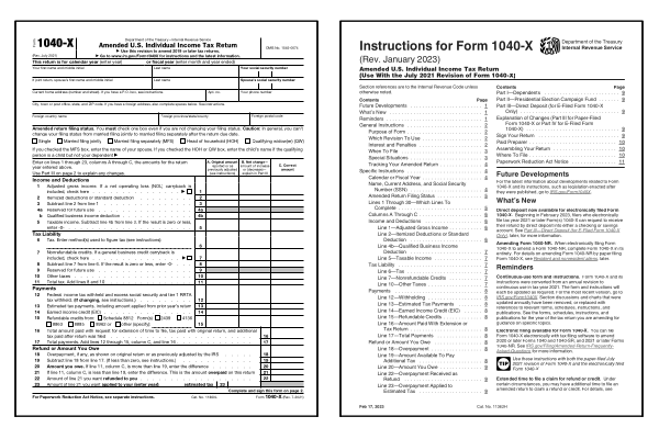 Page one of the 2024 1040X form alongside the cover page of the 2024 1040X instructions booklet.