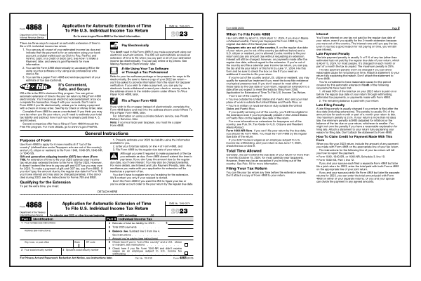 Application for Automatic Extension of Time To File. Page one and two of the 2023 4868 form which includes both the payment instructions and mailing address.