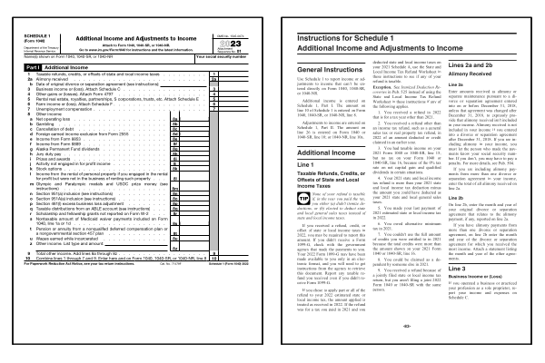 Additional Income and Adjustments to Income. Page one of the 2024 Schedule 1 form alongside the first page of the 2024 Schedule 1 instructions.