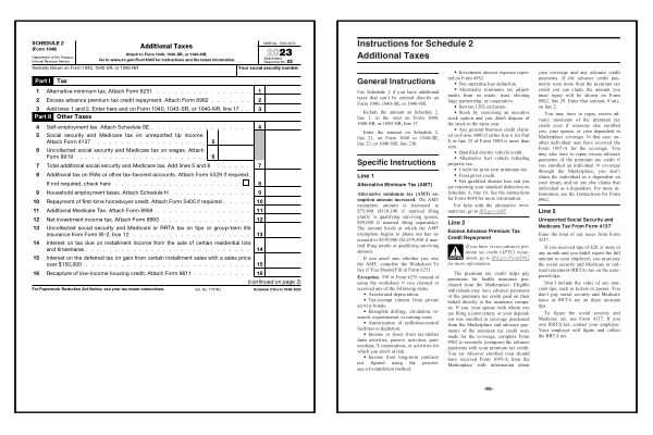 Additional Taxes. Page one of the 2024 Schedule 2 form alongside the first page of the 2024 Schedule 2 instructions.