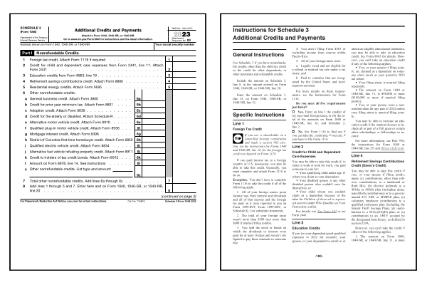 Additional Credits and Payments. Page one of the 2024 Schedule 3 form alongside the first page of the 2024 Schedule 3 instructions.