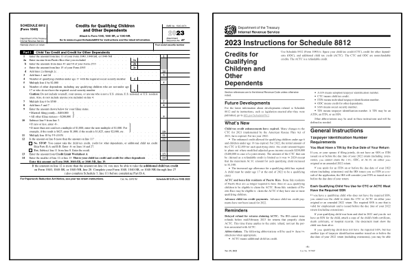 Page one of the 2024 Schedule 8812 form alongside the first page of the 2024 Schedule 8812 instructions.