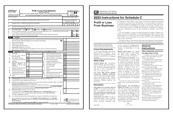 Page one of the 2024 Schedule C form alongside the cover page of the 2024 Schedule C instructions booklet.