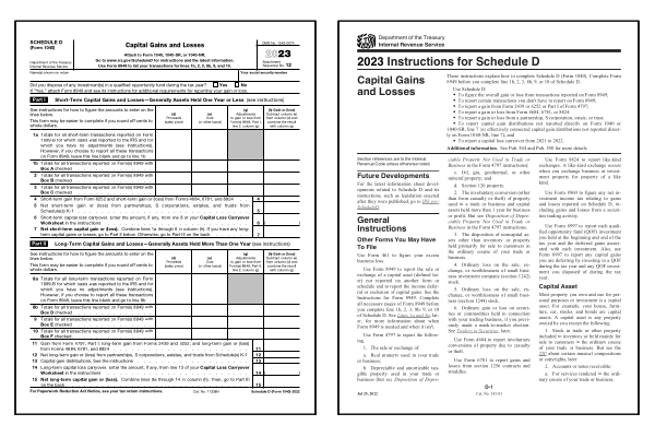 Page one of the 2024 Schedule D form alongside the first page of the 2024 Schedule D instructions booklet.