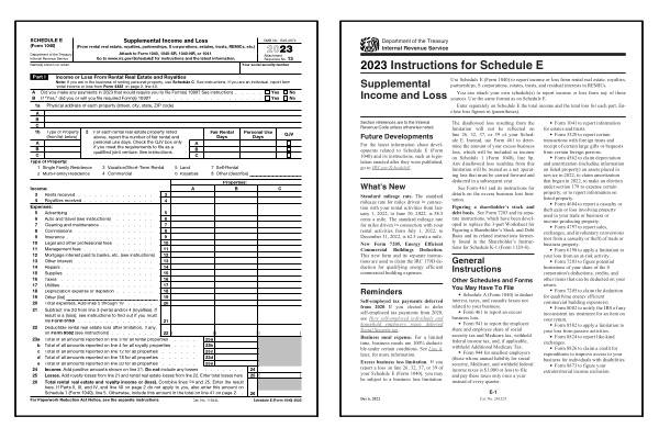 Page one of the 2024 Schedule E form alongside the cover page of the 2024 Schedule E instructions booklet.