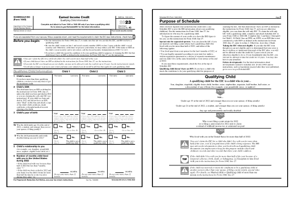 Page one of the 2024 Schedule EIC form alongside the first page of the 2024 Schedule EIC instructions booklet.