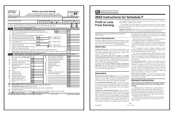 Page one of the 2024 Schedule F form alongside the first page of the 2024 Schedule F instructions booklet.