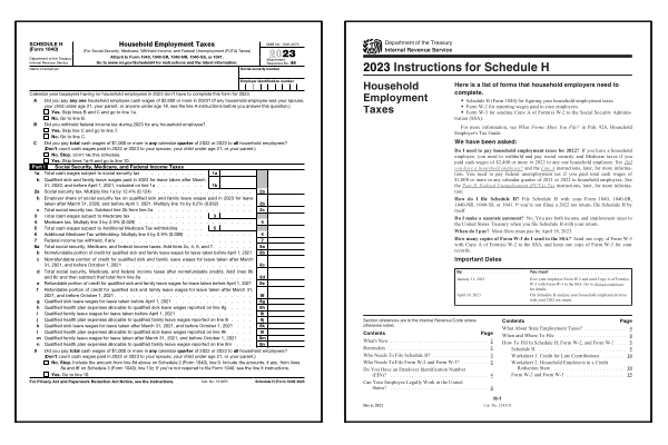 Page one of the 2024 Schedule H form alongside the first page of the 2024 Schedule H instructions booklet.