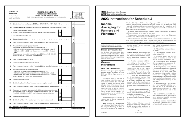 Income Averaging for Farmers and Fishermen. Page one of the 2024 Schedule J form alongside the first page of the 2024 Schedule J instructions booklet.