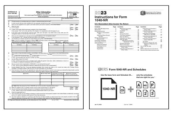 Page one of the 2024 Schedule OI form alongside the first page of the 2024 Schedule OI instructions booklet.