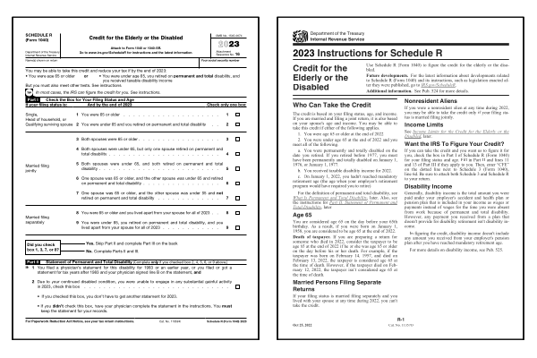 Credit for the Elderly or the Disabled. Page one of the 2024 Schedule R form alongside the first page of the 2024 Schedule R instructions booklet.