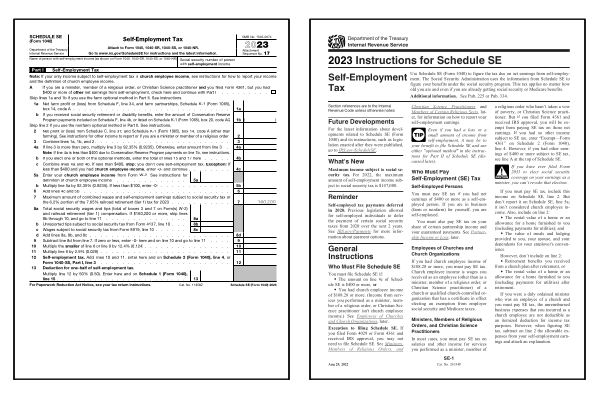 Page one of the 2024 Schedule SE form alongside the first page of the 2024 Schedule SE instructions booklet.