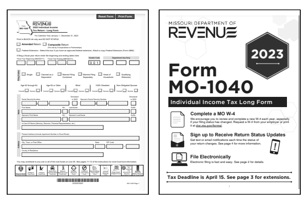 Missouri Form 1040 and Missouri Form 1040 Instructions for tax year 2023.