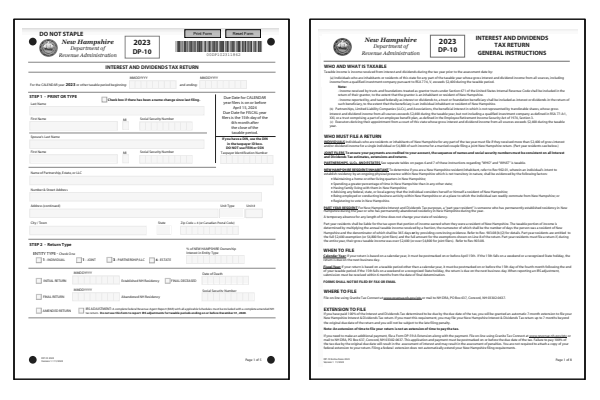 New Hampshire Form DP-10 and New Hampshire Form DP-10 Instructions for tax year 2023.