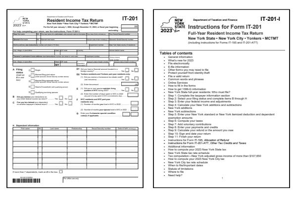 New York Form IT-201 and New York Form IT-201 Instructions for tax year 2023.