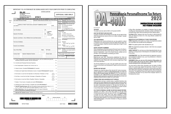 Pennsylvania Form PA-40 and Pennsylvania Form PA-40 Instructions for tax year 2023.