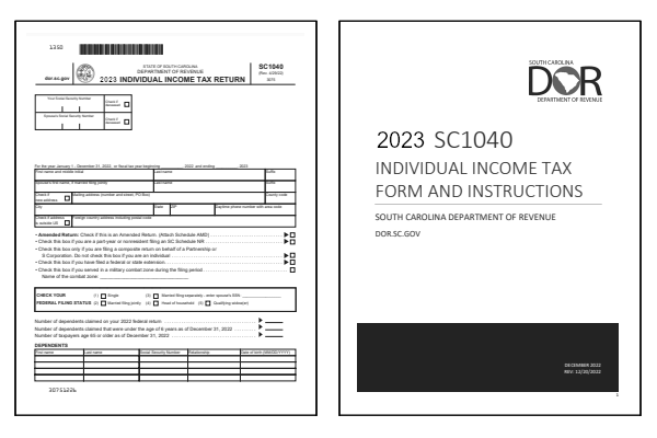 South Carolina Form SC1040 and South Carolina Form SC1040 Instructions for tax year 2023.