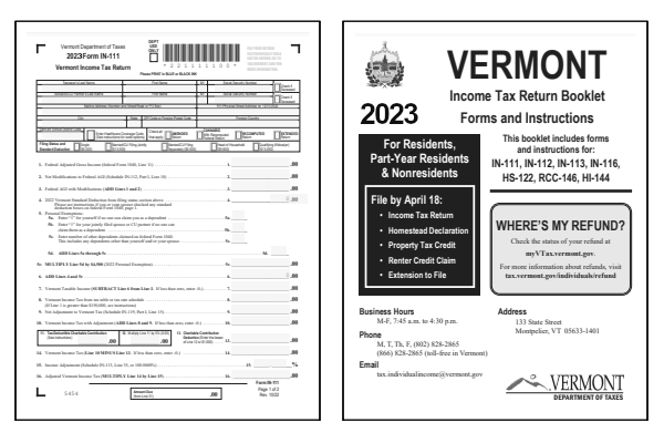 Vermont Form IN-111 and Vermont Form IN-111 Instructions for tax year 2023.