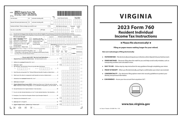 Virginia Form 760 and Virginia Form 760 Instructions for tax year 2023.