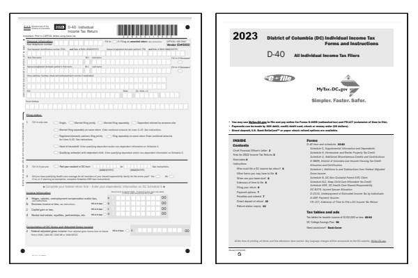 Washington DC Form D-40 and Washington DC Form D-40 Instructions for tax year 2023.