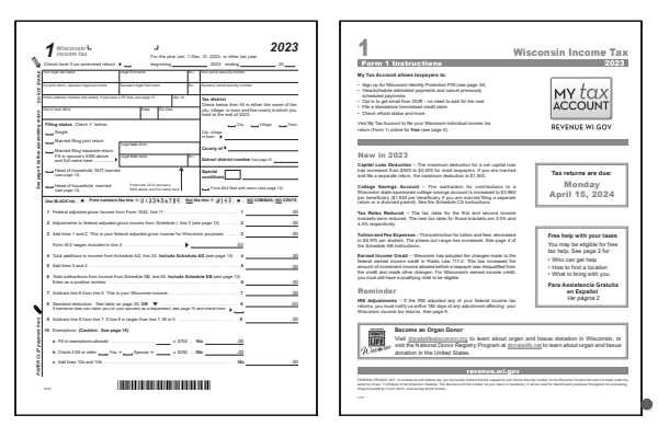 Wisconsin Form 1 and Wisconsin Form 1 Instructions for tax year 2023.