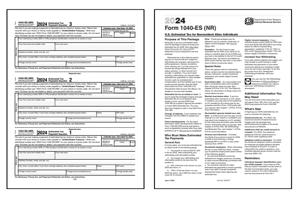 US Estimated Tax for Nonresident Alien Individuals. Page one and eleven of the 2024 Form 1040-ES (NR) which includes four estimated tax payment voucher and instructions.