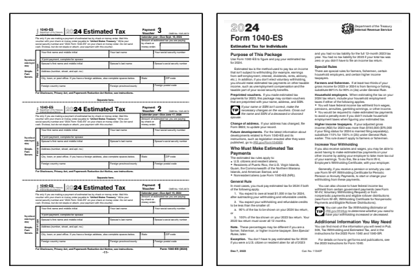 Estimated Tax for Individuals. Page one and eleven of the 2024 Form 1040-ES which includes four estimated tax payment voucher and instructions.