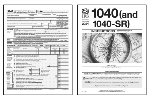 US Individual Income Tax Return. Page one of the 2024 1040 form alongside the first page of the 2024 1040 instructions.