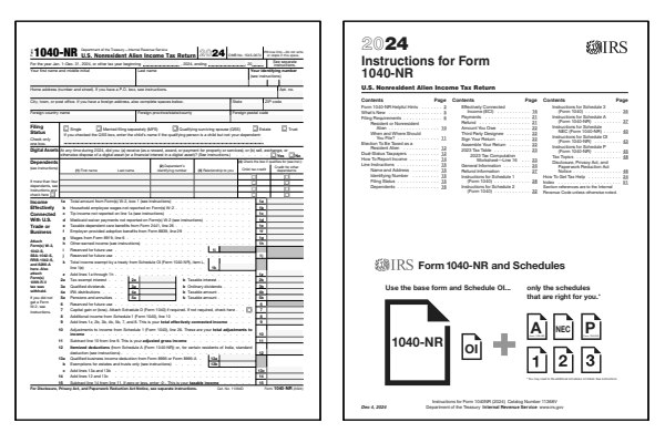 US Nonresident Income Tax Return. Page one of the 2024 1040-NR form alongside the first page of the 2024 1040-NR instructions.