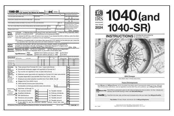 US Tax Return for Seniors. Page one of the 2024 1040-SR form alongside the first page of the 2024 1040-SR instructions.