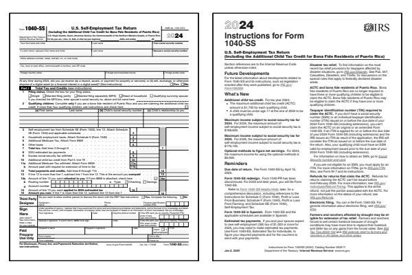 US Self-Employment Tax Return. Page one of the 2024 1040-SS form alongside the first page of the 2024 1040-SS instructions.