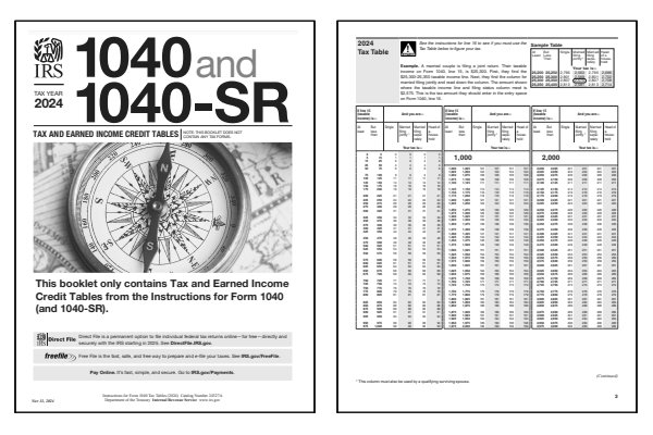 Page one and two of the 2024 Tax Tables for IRS Form 1040 and Form 1040-SR income tax returns.