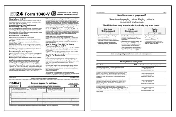 Payment Voucher. Page one and two of the 2024 1040-V form which includes both the payment instructions and mailing address.