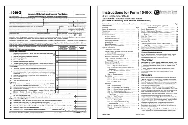 Amended US Individual Income Tax Return. Page one of the 2024 1040X form alongside the first page of the 2024 1040X instructions.