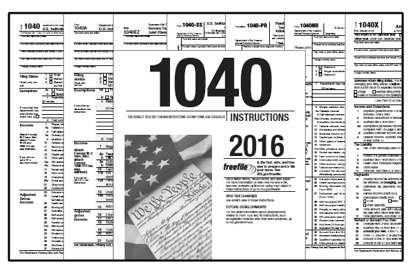 Printable 2016 federal income tax forms 1040, 1040A, 1040EZ, 1040SS, 1040PR, 1040NR, 1040X, and instructions.