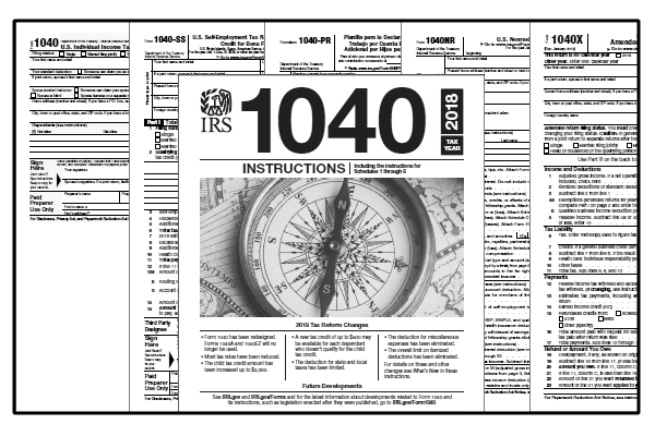 Printable 2018 federal income tax forms 1040, 1040SS, 1040PR, 1040NR, 1040X, and instructions.