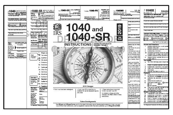 Printable 2019 federal income tax forms 1040, 1040SS, 1040PR, 1040NR, 1040X, and instructions.