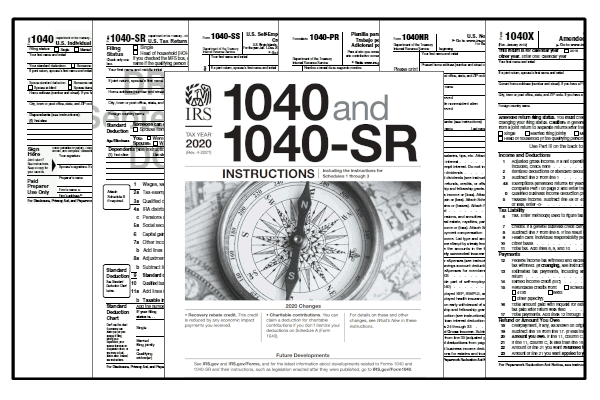 Printable 2020 federal income tax forms 1040, 1040SS, 1040PR, 1040NR, 1040X, and instructions.