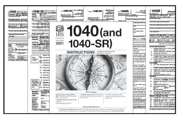 Printable 2021 federal income tax forms 1040, 1040SS, 1040PR, 1040NR, 1040X, and instructions.