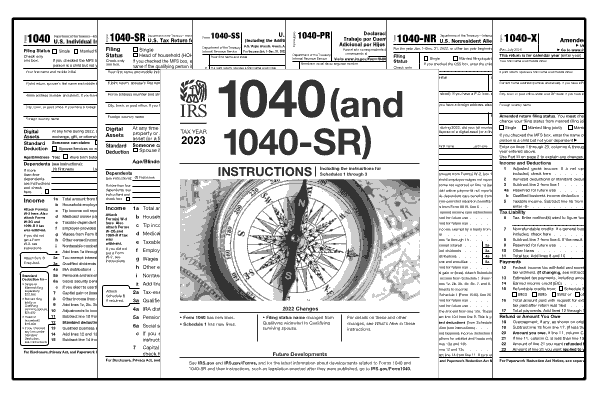 Printable 2023 federal income tax forms 1040, 1040SS, 1040PR, 1040NR, 1040X, and instructions.