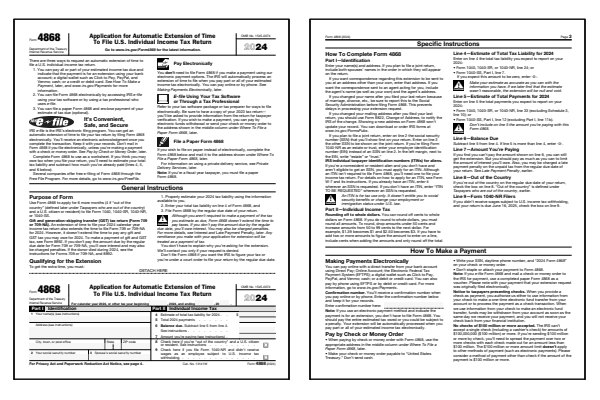 Application for Automatic Extension of Time To File. Page one of the 2024 4868 form alongside the first page of the 2024 Form 4868 instructions.