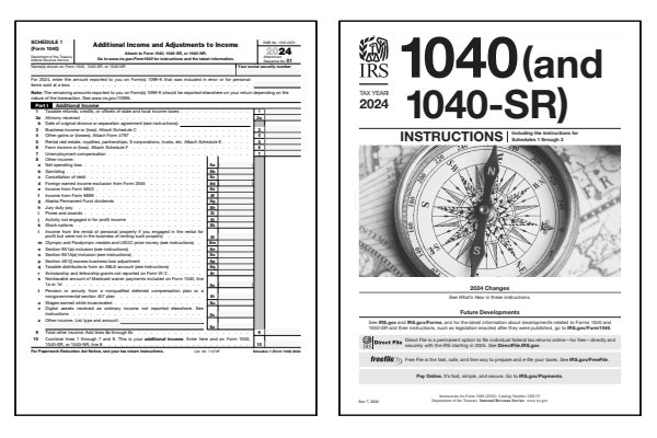 Additional Income and Adjustments to Income. Page one of the 2024 Schedule 1 form alongside the first page of the 2024 Schedule 1 instructions.