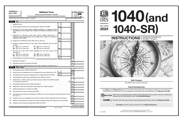 Additional Taxes. Page one of the 2024 Schedule 2 form alongside the first page of the 2024 Schedule 2 instructions.