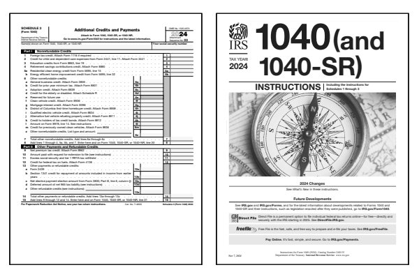 Additional Credits and Payments. Page one of the 2024 Schedule 3 form alongside the first page of the 2024 Schedule 3 instructions.